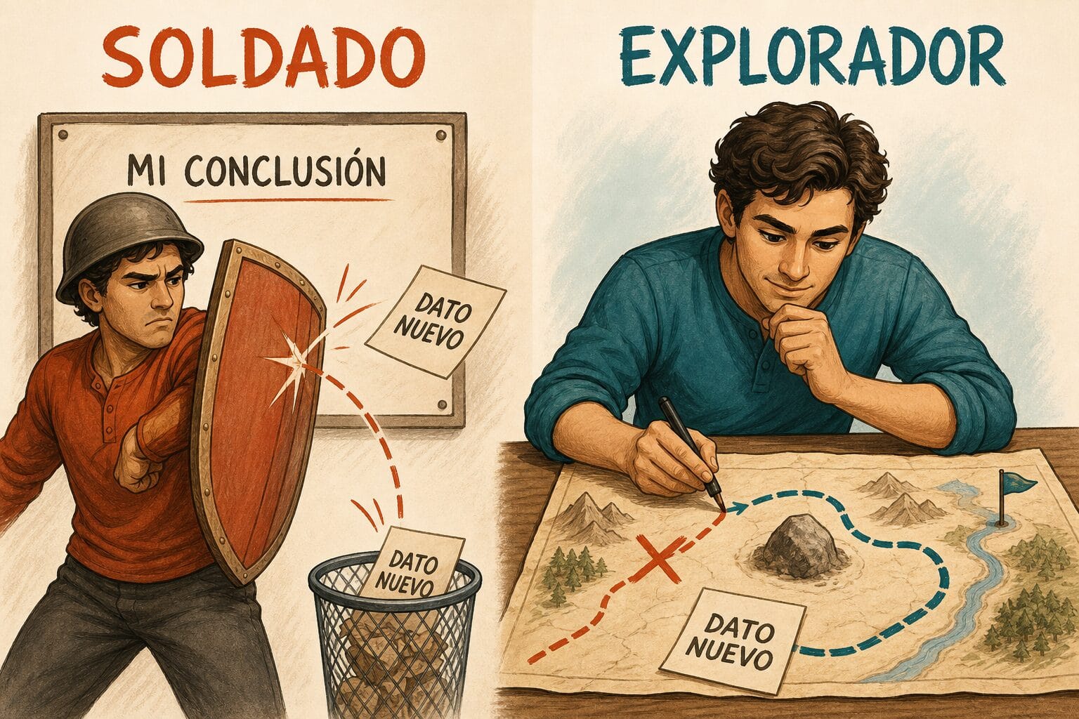 Dos formas de reaccionar ante un dato que contradice nuestras creencias: el soldado lo rechaza y el explorador corrige su mapa