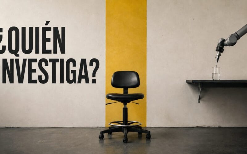 Silla vacía ante un laboratorio automatizado y el texto "¿Quién investiga?".