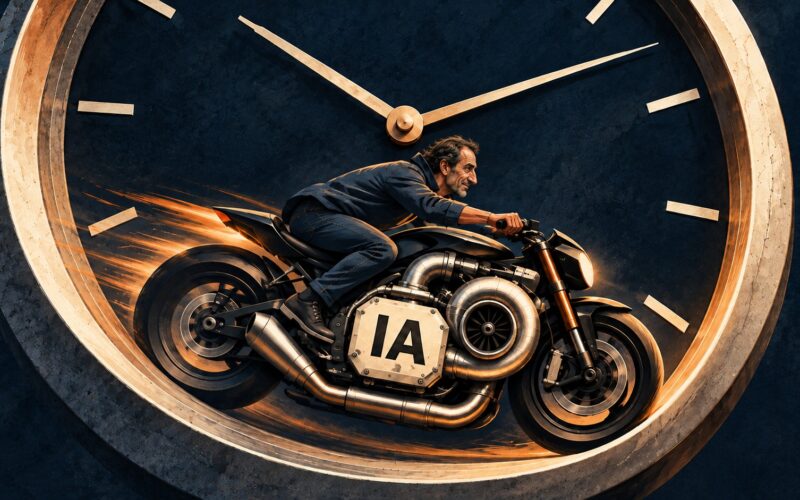 Una moto con un motor de inteligencia artificial dentro de un reloj, junto a un rostro humano.