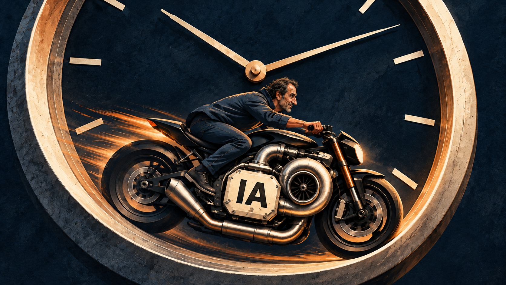 Una moto con un motor de inteligencia artificial dentro de un reloj, junto a un rostro humano.