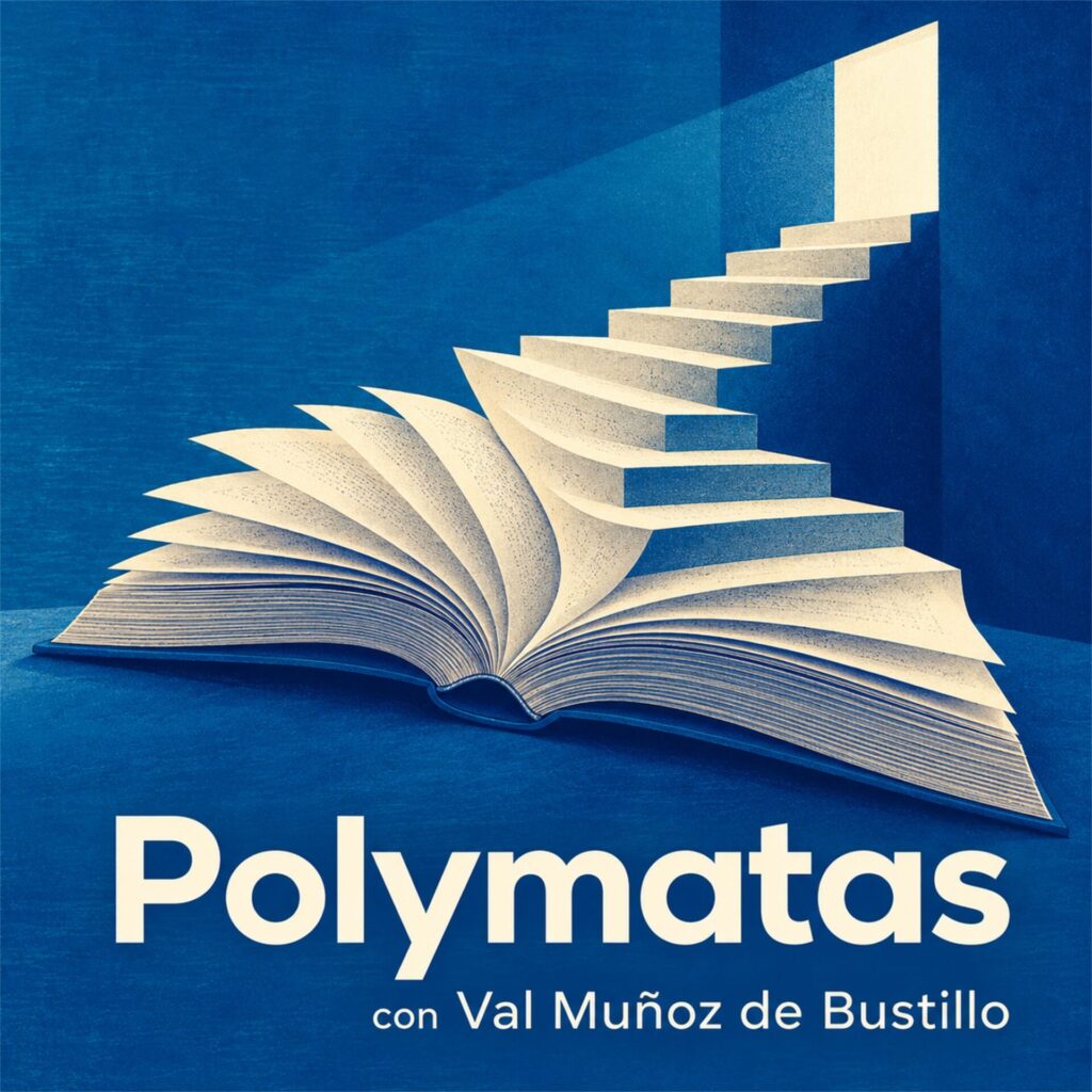 Polymatas, con Val Muñoz de Bustillo: un libro abierto cuyas páginas forman una escalera hacia una puerta iluminada